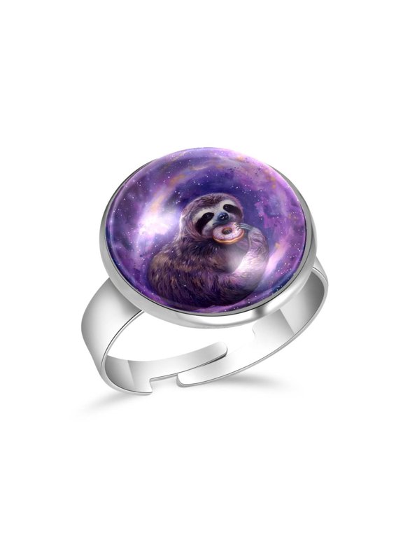 Purple Galaxy Sloth Donut Stainless Steel Rings for Women, Open Adjustable Ring Promise Ring Jewelry Gifts