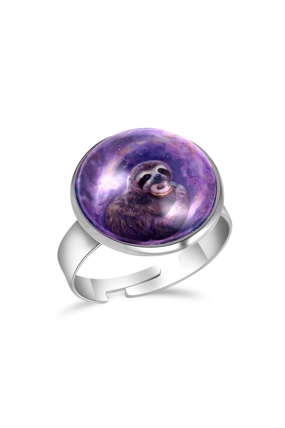Purple Galaxy Sloth Donut Stainless Steel Rings for Women, Open Adjustable Ring Promise Ring Jewelry Gifts