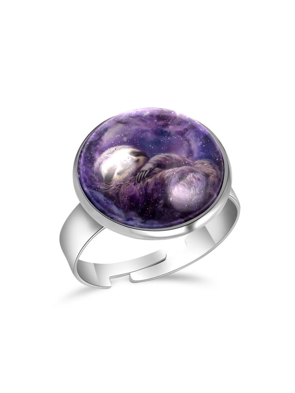 Purple Galaxy Sloth Stainless Steel Rings for Women, Open Adjustable Ring Promise Ring Jewelry Gifts