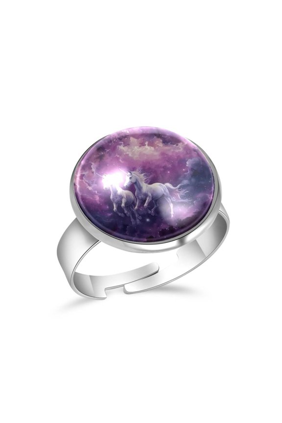 Purple Galaxy Unicorns Space Stainless Steel Rings for Women, Open Adjustable Ring Promise Ring Jewelry Gifts
