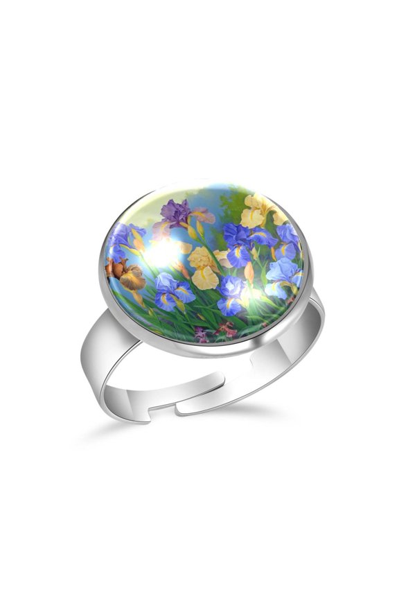 Purple Iris Flower Pattern Stainless Steel Rings for Women, Open Adjustable Ring Promise Ring Jewelry Gifts
