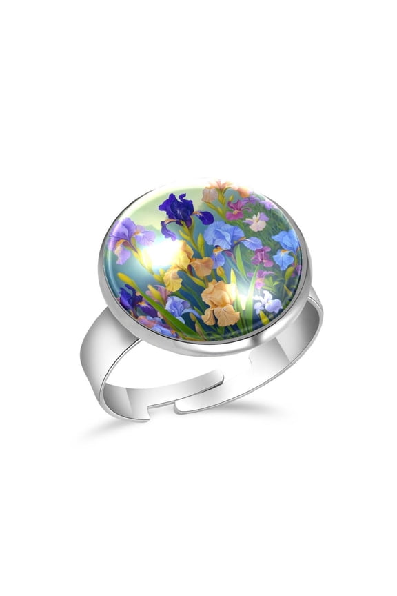 Purple Iris Pattern Stainless Steel Rings for Women, Open Adjustable Ring Promise Ring Jewelry Gifts