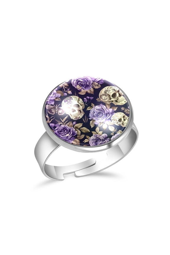 Purple Rose Sugar Skull Stainless Steel Rings for Women, Open Adjustable Ring Promise Ring Jewelry Gifts