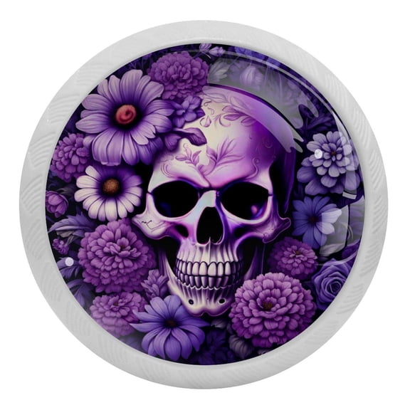 PhooArto Purple Skull Flower 4 PCS Crystal Glass Cabinet Knobs, Drawer Kitchen Cabinets Dresser Cupboard Wardrobe Pulls Handle - Glowing in the Dark