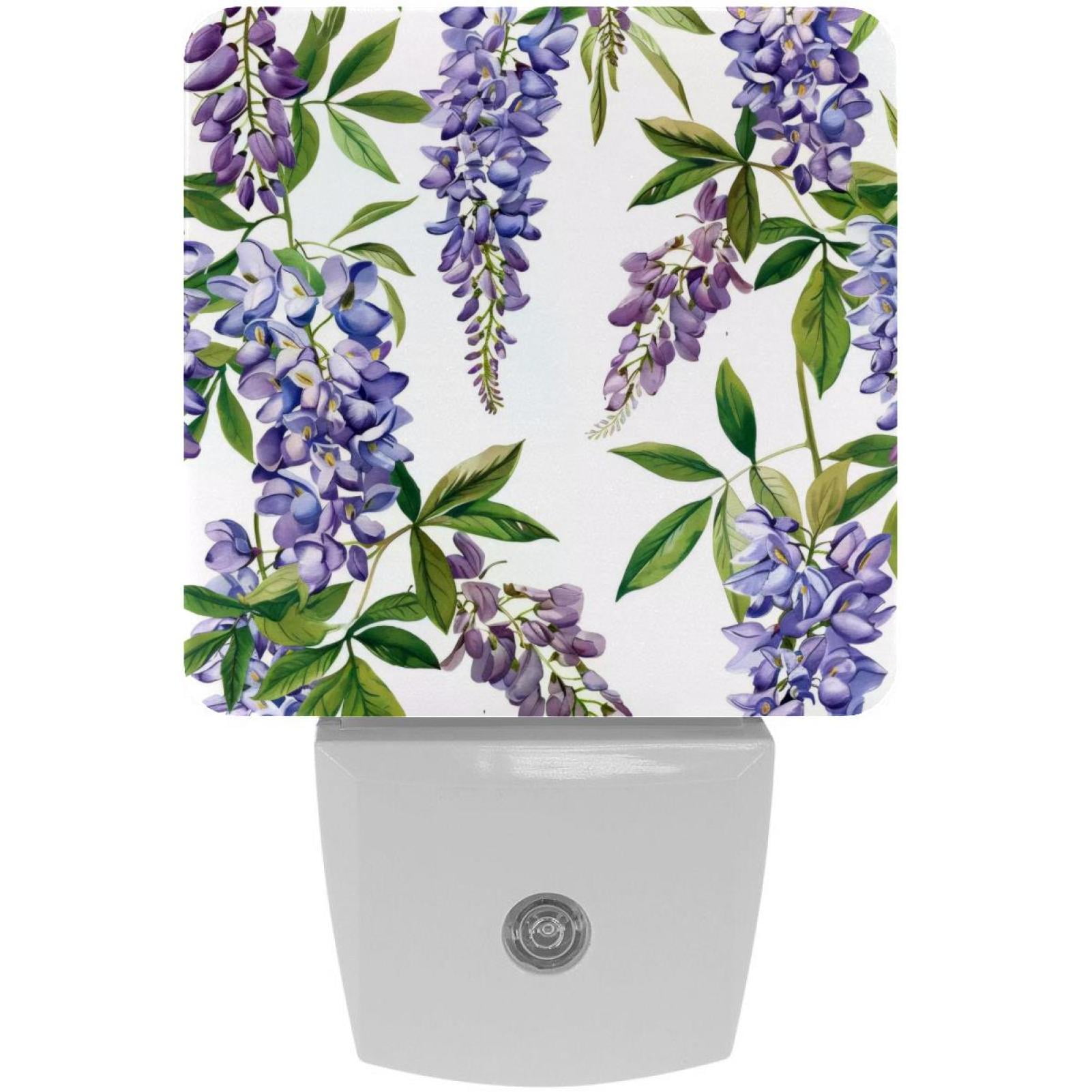 PhooArto Purple Wisteria Flower Pattern Plug in LED Night Light Auto Sensor Dusk to Dawn Decorative Night for Bedroom, Bathroom, Kitchen, Hallway, Stairs, Baby's Room, Energy Saving