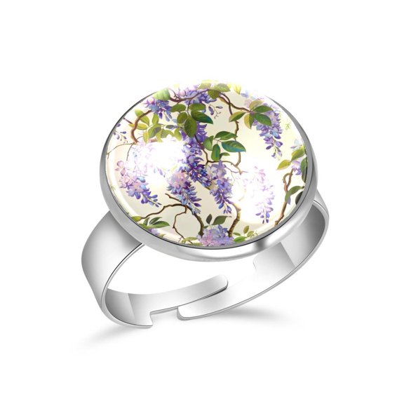 PhooArto Purple Wisteria Flowers Pattern Stainless Steel Rings for Women, Open Adjustable Ring Promise Ring Jewelry Gifts