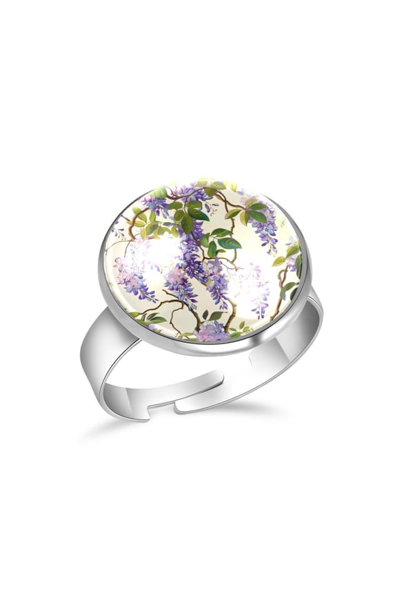 Purple Wisteria Flowers Pattern Stainless Steel Rings for Women, Open Adjustable Ring Promise Ring Jewelry Gifts