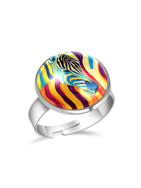 Rainbow Animal Zebra Print Stainless Steel Rings for Women, Open Adjustable Ring Promise Ring Jewelry Gifts
