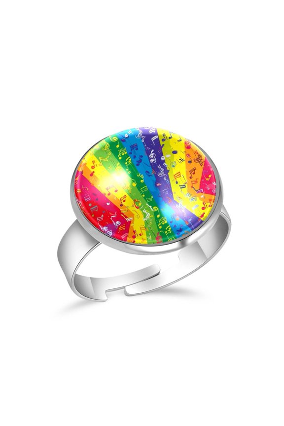 Rainbow Background Music Notes Stainless Steel Rings for Women, Open Adjustable Ring Promise Ring Jewelry Gifts