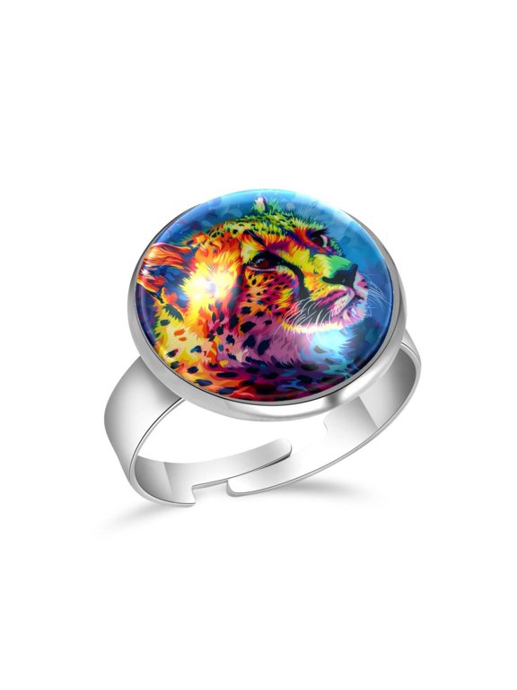 Rainbow Leopard Blue Background Stainless Steel Rings for Women, Open Adjustable Ring Promise Ring Jewelry Gifts