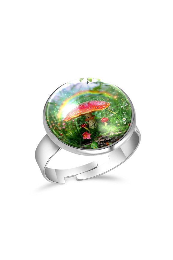 Rainbow Mushroom Painting Stainless Steel Rings for Women, Open Adjustable Ring Promise Ring Jewelry Gifts