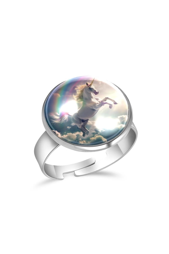 Rainbow Unicorn in the Sky Stainless Steel Rings for Women, Open Adjustable Ring Promise Ring Jewelry Gifts