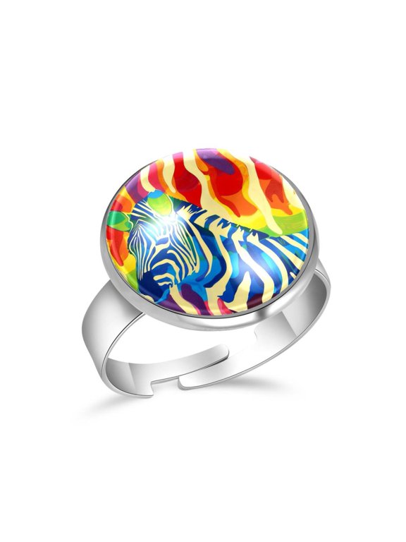 Rainbow Zebra Print Stainless Steel Rings for Women, Open Adjustable Ring Promise Ring Jewelry Gifts