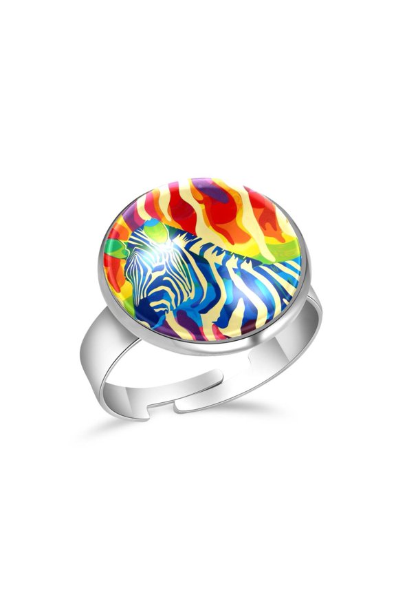 Rainbow Zebra Print Stainless Steel Rings for Women, Open Adjustable Ring Promise Ring Jewelry Gifts