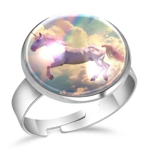 PhooArto Rainbow and Unicorn Sky Stainless Steel Rings for Women, Open Adjustable Ring Promise Ring Jewelry Gifts