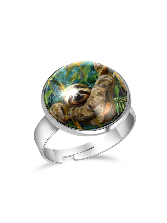 Rainforest Animal Sloth Stainless Steel Rings for Women, Open Adjustable Ring Promise Ring Jewelry Gifts