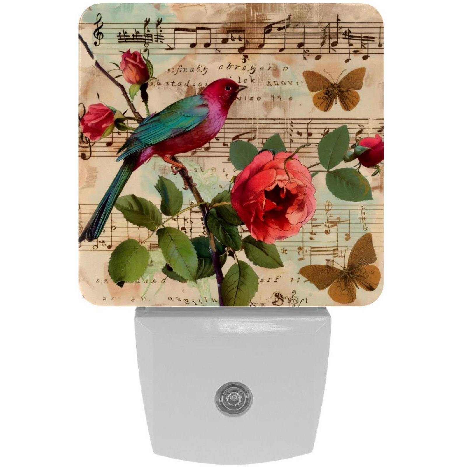 PhooArto Red Bird Roses Music Notes Vintage Plug in LED Night Light Auto Sensor Dusk to Dawn Decorative Night for Bedroom, Bathroom, Kitchen, Hallway, Stairs, Baby's Room, Energy Saving