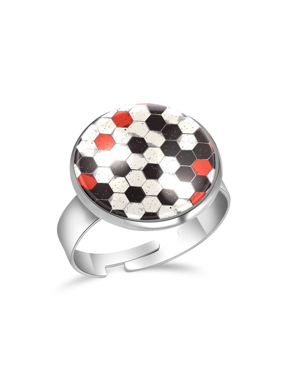 Red Black Soccer Football Pattern Stainless Steel Rings for Women, Open Adjustable Ring Promise Ring Jewelry Gifts