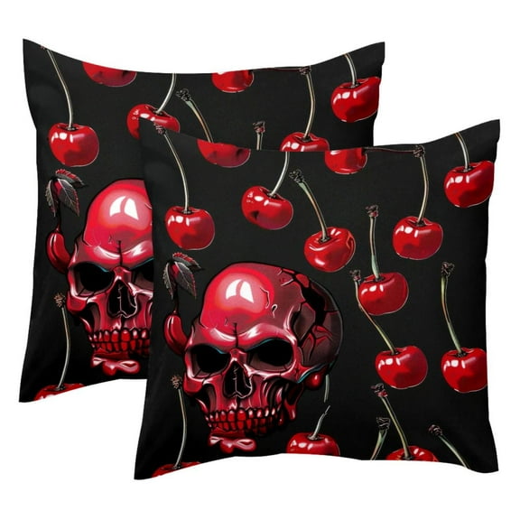 PhooArto Red Cherry Patterns Skull Head Set of 2 Throw Pillow Covers Cases - 16" x 16" Square Decorative Cushion Covers for Sofa Couch Bed Home Decoration