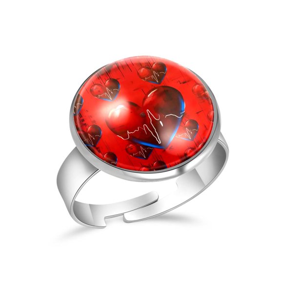 PhooArto Red Heart Heartbeat Pattern Stainless Steel Rings for Women, Open Adjustable Ring Promise Ring Jewelry Gifts