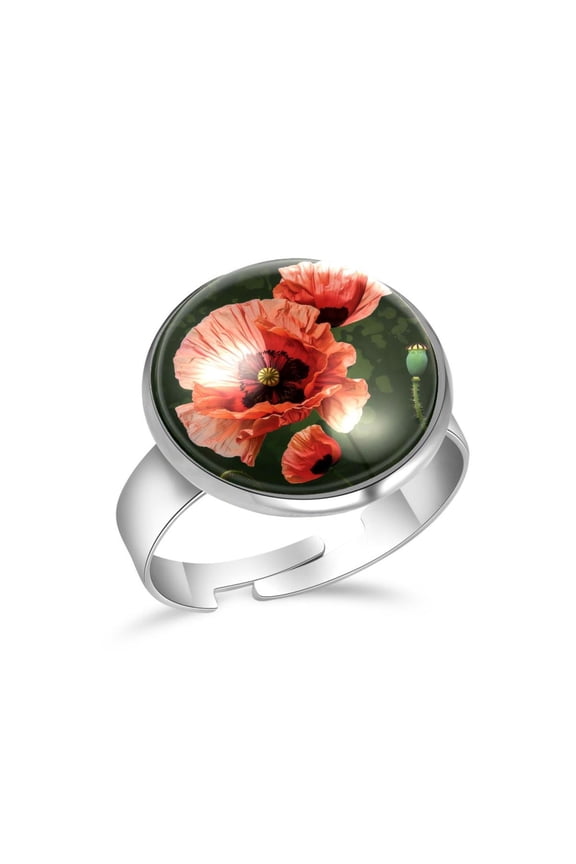 Red Poppy Blossom Stainless Steel Rings for Women, Open Adjustable Ring Promise Ring Jewelry Gifts