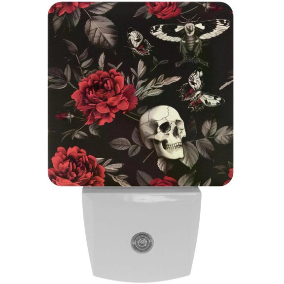 PhooArto Red Rose Skull Hawk Moth Pattern Plug in LED Night Light Auto Sensor Dusk to Dawn Decorative Night for Bedroom, Bathroom, Kitchen, Hallway, Stairs, Baby's Room, Energy Saving