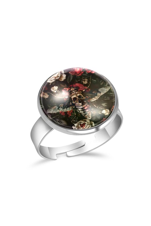 Red Rose Skull Hawk Moth Patterns Stainless Steel Rings for Women, Open Adjustable Ring Promise Ring Jewelry Gifts