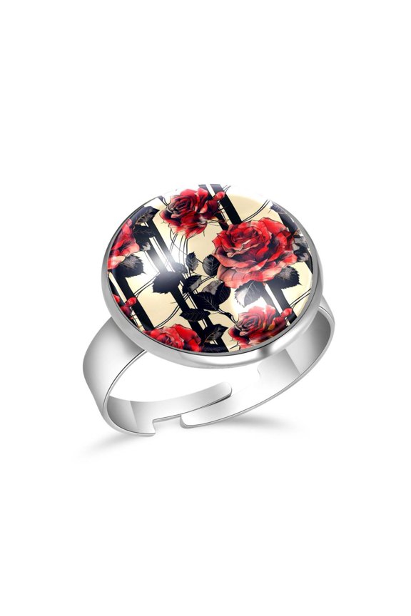 Red Roses Lines Pattern Stainless Steel Rings for Women, Open Adjustable Ring Promise Ring Jewelry Gifts