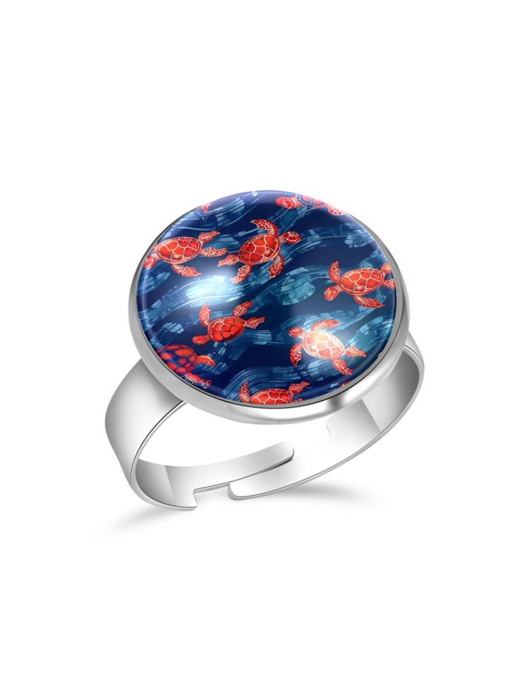 Red Sea Turtle on Stripe Stainless Steel Rings for Women, Open Adjustable Ring Promise Ring Jewelry Gifts