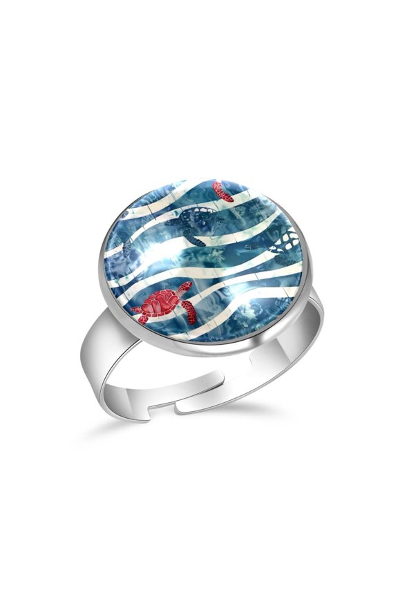 Red Turtles on Wave Stripe Stainless Steel Rings for Women, Open Adjustable Ring Promise Ring Jewelry Gifts
