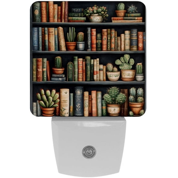 PhooArto Retro Bookshelf Cactus Patterns Plug in LED Night Light Auto Sensor Dusk to Dawn Decorative Night for Bedroom, Bathroom, Kitchen, Hallway, Stairs, Baby's Room, Energy Saving