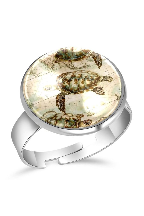 Retro Map Sea Turtle Pattern Stainless Steel Rings for Women, Open Adjustable Ring Promise Ring Jewelry Gifts
