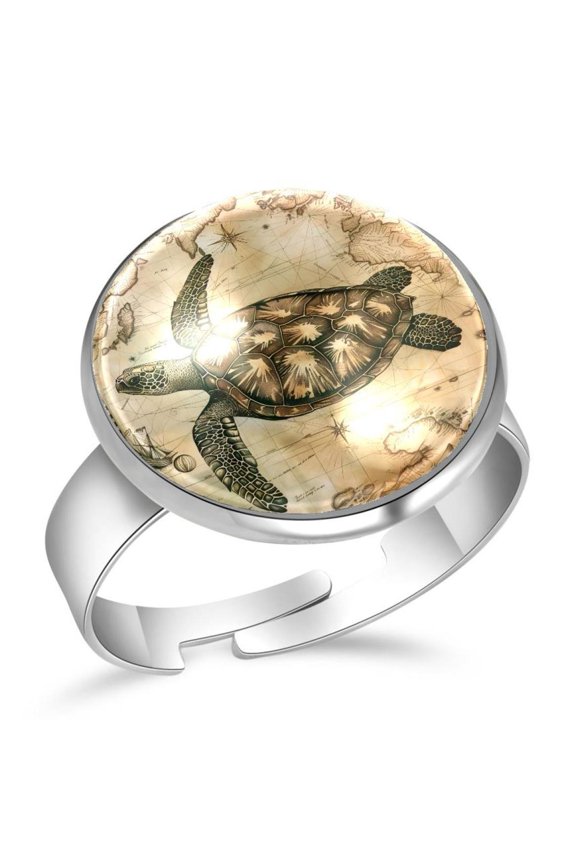 Retro Map and Sea Turtle Stainless Steel Rings for Women, Open Adjustable Ring Promise Ring Jewelry Gifts