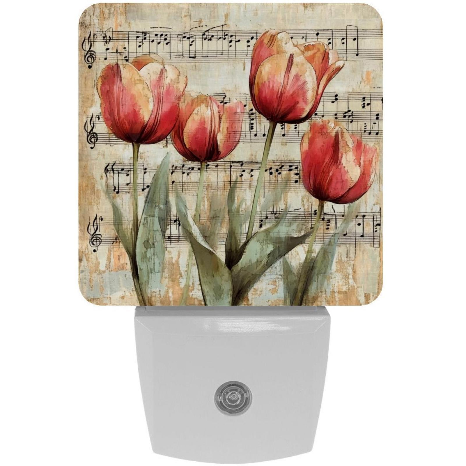 PhooArto Retro Tulips Flowers Music Plug in LED Night Light Auto Sensor Dusk to Dawn Decorative Night for Bedroom, Bathroom, Kitchen, Hallway, Stairs, Baby's Room, Energy Saving