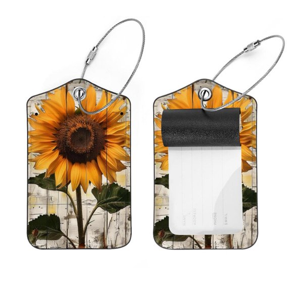 PhooArto Retro Wood Board Sunflower Luggage Tags with Stainless Steel Loop, 2 Pack Luggage Tag Holders for Travel Luggage Baggage Identifier