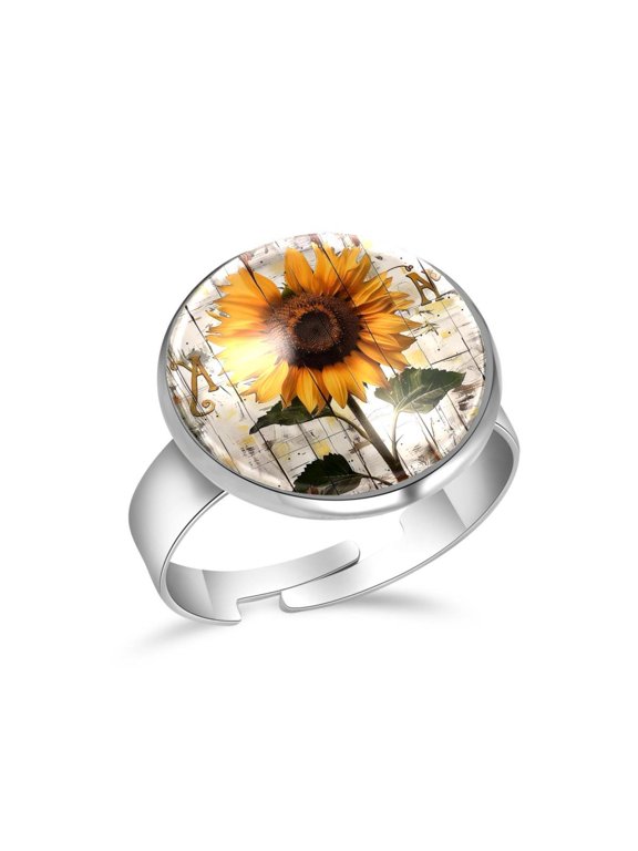 Retro Wood Board Sunflower Stainless Steel Rings for Women, Open Adjustable Ring Promise Ring Jewelry Gifts