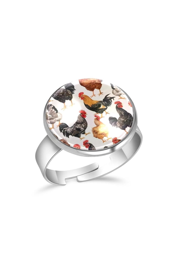 Rooster Hen Chicken Pattern Stainless Steel Rings for Women, Open Adjustable Ring Promise Ring Jewelry Gifts