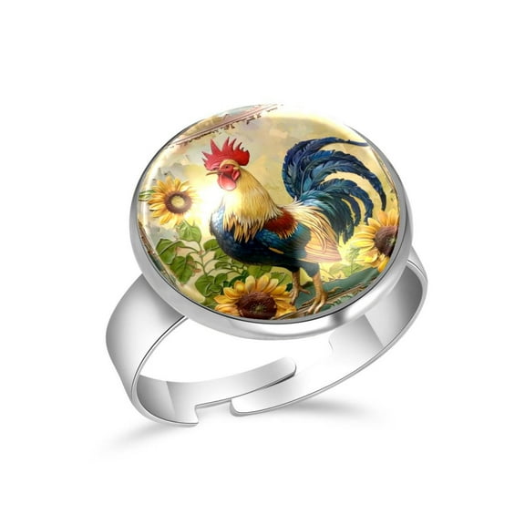 PhooArto Rooster Sunflower Pattern Stainless Steel Rings for Women, Open Adjustable Ring Promise Ring Jewelry Gifts