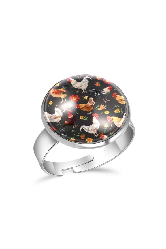 Roosters Hens Flowers Pattern Stainless Steel Rings for Women, Open Adjustable Ring Promise Ring Jewelry Gifts