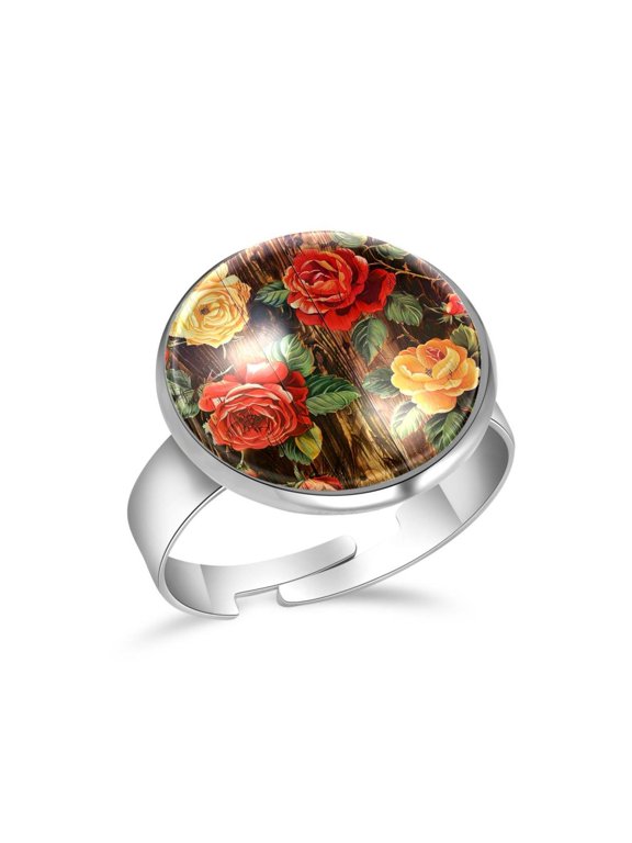 Rose Floral Wooden Stainless Steel Rings for Women, Open Adjustable Ring Promise Ring Jewelry Gifts