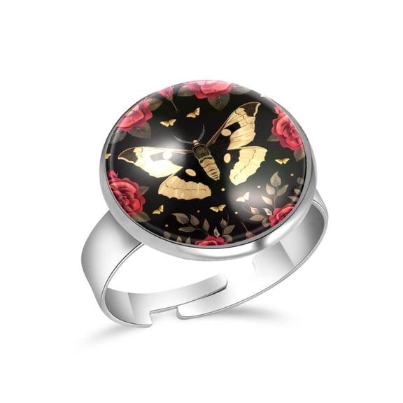 PhooArto Rose Flower Hawk Moth Pattern Stainless Steel Rings for Women, Open Adjustable Ring Promise Ring Jewelry Gifts