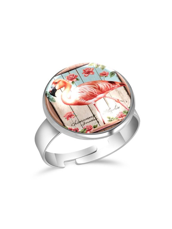 Rose Flowers and Flamingo Stainless Steel Rings for Women, Open Adjustable Ring Promise Ring Jewelry Gifts