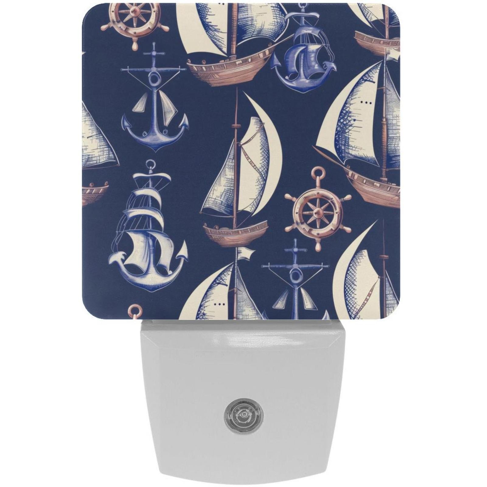PhooArto Sailboat Anchor Compass Pattern Plug in LED Night Light Auto Sensor Dusk to Dawn Decorative Night for Bedroom, Bathroom, Kitchen, Hallway, Stairs, Baby's Room, Energy Saving