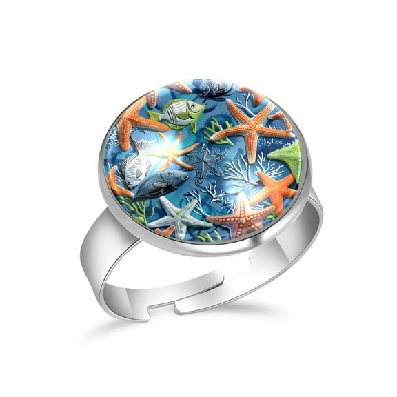 PhooArto Sea Fish Coral Starfish Pattern Stainless Steel Rings for Women, Open Adjustable Ring Promise Ring Jewelry Gifts