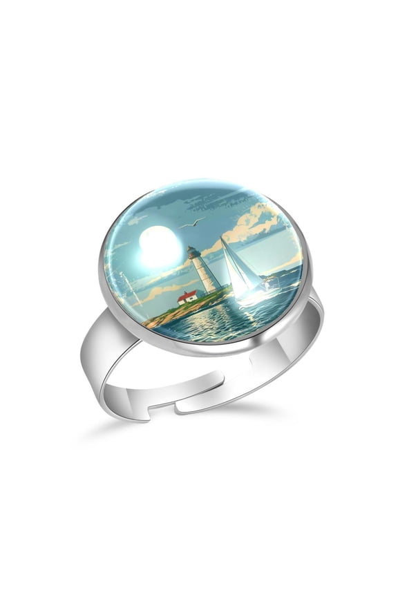 Sea Marine Navy Landscape Stainless Steel Rings for Women, Open Adjustable Ring Promise Ring Jewelry Gifts