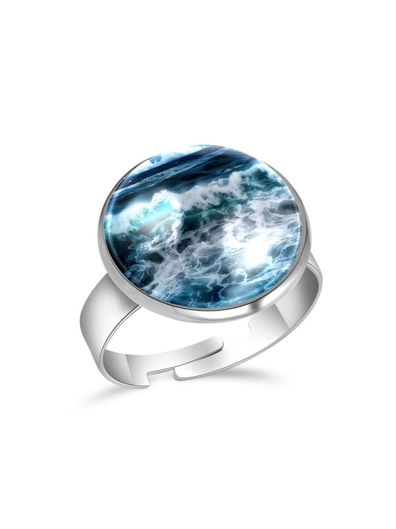 Sea Ocean Waves Stainless Steel Rings for Women, Open Adjustable Ring Promise Ring Jewelry Gifts