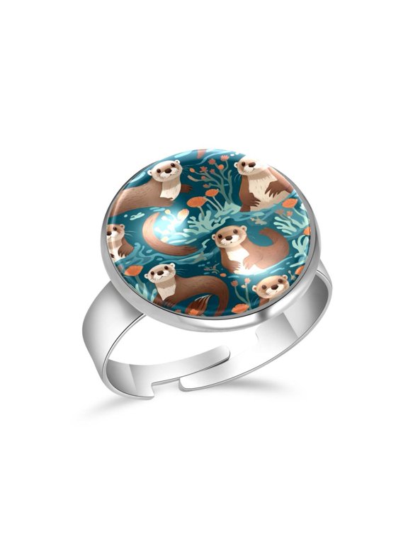 Sea Otters Pattern Stainless Steel Rings for Women, Open Adjustable Ring Promise Ring Jewelry Gifts