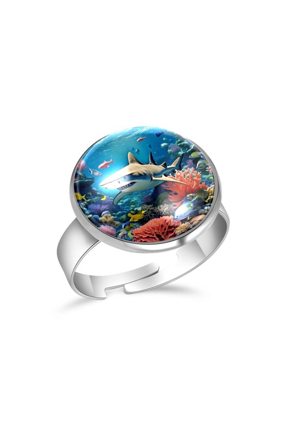 Sea Shark Fish Coral Stainless Steel Rings for Women, Open Adjustable Ring Promise Ring Jewelry Gifts