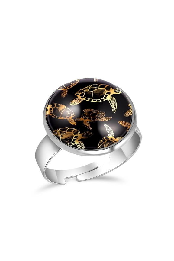 Sea Turtle Golden Pattern Stainless Steel Rings for Women, Open Adjustable Ring Promise Ring Jewelry Gifts