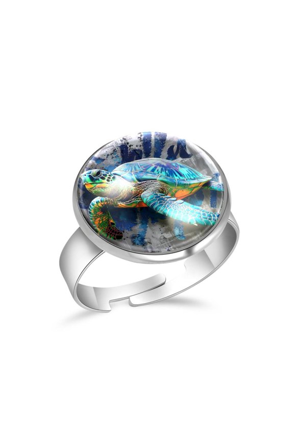 Sea Turtle Retro Doodle Stainless Steel Rings for Women, Open Adjustable Ring Promise Ring Jewelry Gifts